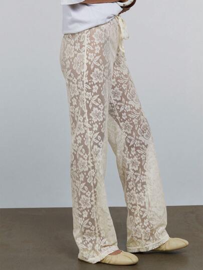 Athîral Pantalones rectos de gasa amarillo mantequilla con encaje para mujer, estilo playa/vacaciones/festival