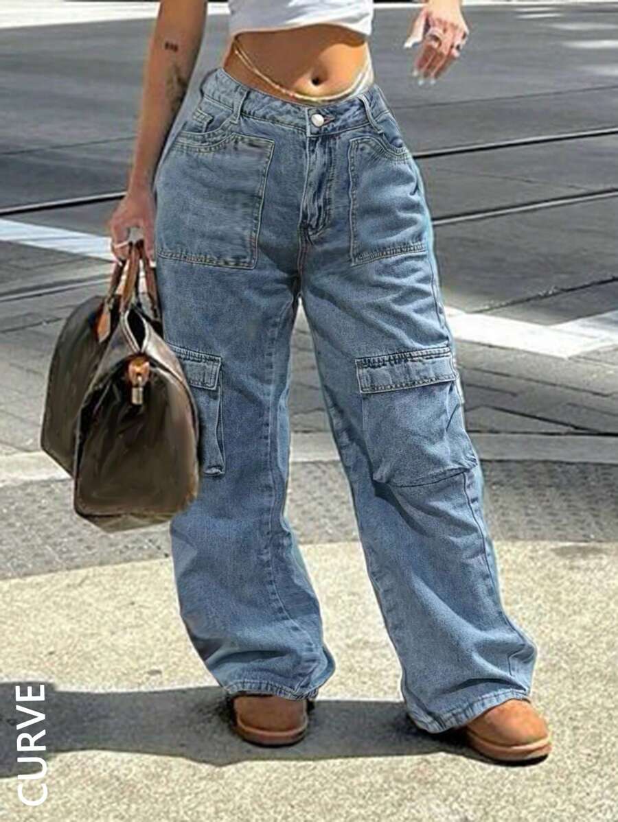大码经典无弹力纯色牛仔裤 - 性感女士直筒牛仔裤，多口袋设计，女士休闲春季款 - 深色水洗藍 - 查看 1