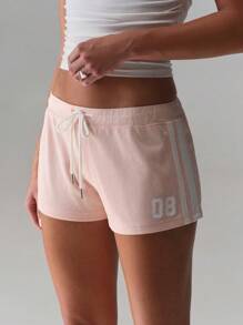 TRNVIE Low Waist Number Print Trim Casual Shorts, Versatile & Fashionable For Everyday