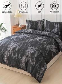 2/3件套黑色大理石纹印花涤纶被套套装，奢华现代大号四季通用床上用品套装（1个被套+2个枕套，不含被芯）
