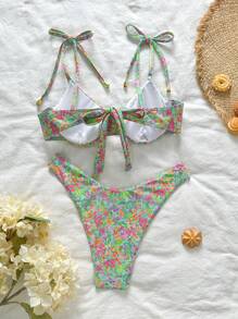 Swim Mod 女士海滩夏季服装 - 2 件套：随机印花细肩带金色比基尼上衣和高腰泳裤，假日度假比基尼泳装 - 彩色 - 查看 2