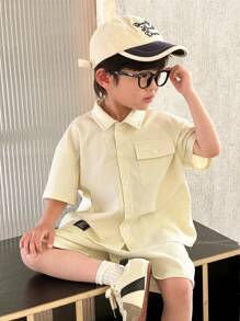 SHEIN Leap Crew 2件装 青春男童 男孩休闲运动 学院街头 日韩 宽松翻领衬衫短裤 适合儿童装 青春男童衣服 返校男童套装 适合生日派对、晚会、演出、婚礼、洗礼、开幕式 日常 适合日常使用 适合上学 适合旅行 适合运动 适合春夏季节 - 杏色 - 查看 7