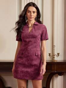 Anewsta Elaire V 领扎染收腰 POLO 领连衣裙，适合老钱节、外出、度假装、女士 - 酒紅色 - 查看 6