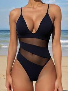 Swim Vcay Mesh Patchwork Plunging Neckline Sexy Fashionable Spaghetti Strap One-Piece Swimsuit
