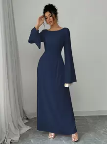 Elenzga 女士优雅浪漫雪纺纯色喇叭袖垂领落肩交叉系带长袖连衣裙长款女装 - 藏蓝色 - 查看 5