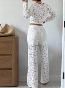 SHEIN Essnce Women's White Sheer Lace Two-Piece Set: Cropped Y2K Top & High-Waisted Wide-Leg Pants | Festival Outfit, Coachella Essentials, Viral Summer 2024 Fashion Boho Casual Loungewear | Suitable For Music Festivals