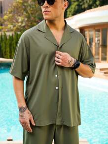 Manfinity Swimmode Men's Solid Color Short Sleeve Shirt And Pants Beach Outfit - Army Green - View 5