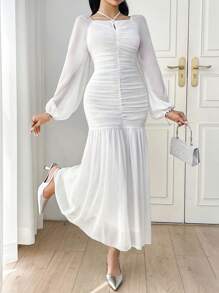 Modelyn Women's Ruched Neck Flare Hem Chiffon Dress - White - View 1