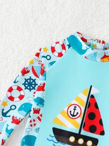SHEIN Maillot de bain bébé garçon manche longue à imprimé mignon de bateau à voile avec chapeau de soleil, convient pour la plage, le surf, la natation, les voyages et les vacances - Multicolore - Voir 4