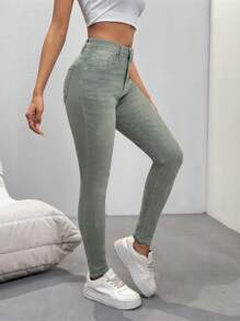 SHEIN Essnce Pantalon en jean simple et décontracté de couleur unie, convenant pour un port quotidien