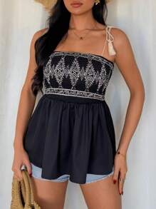 Chiquease 度假休闲流苏绑带复古印花无袖喇叭下摆夏季吊带背心上衣 - 黑色 - 查看 6