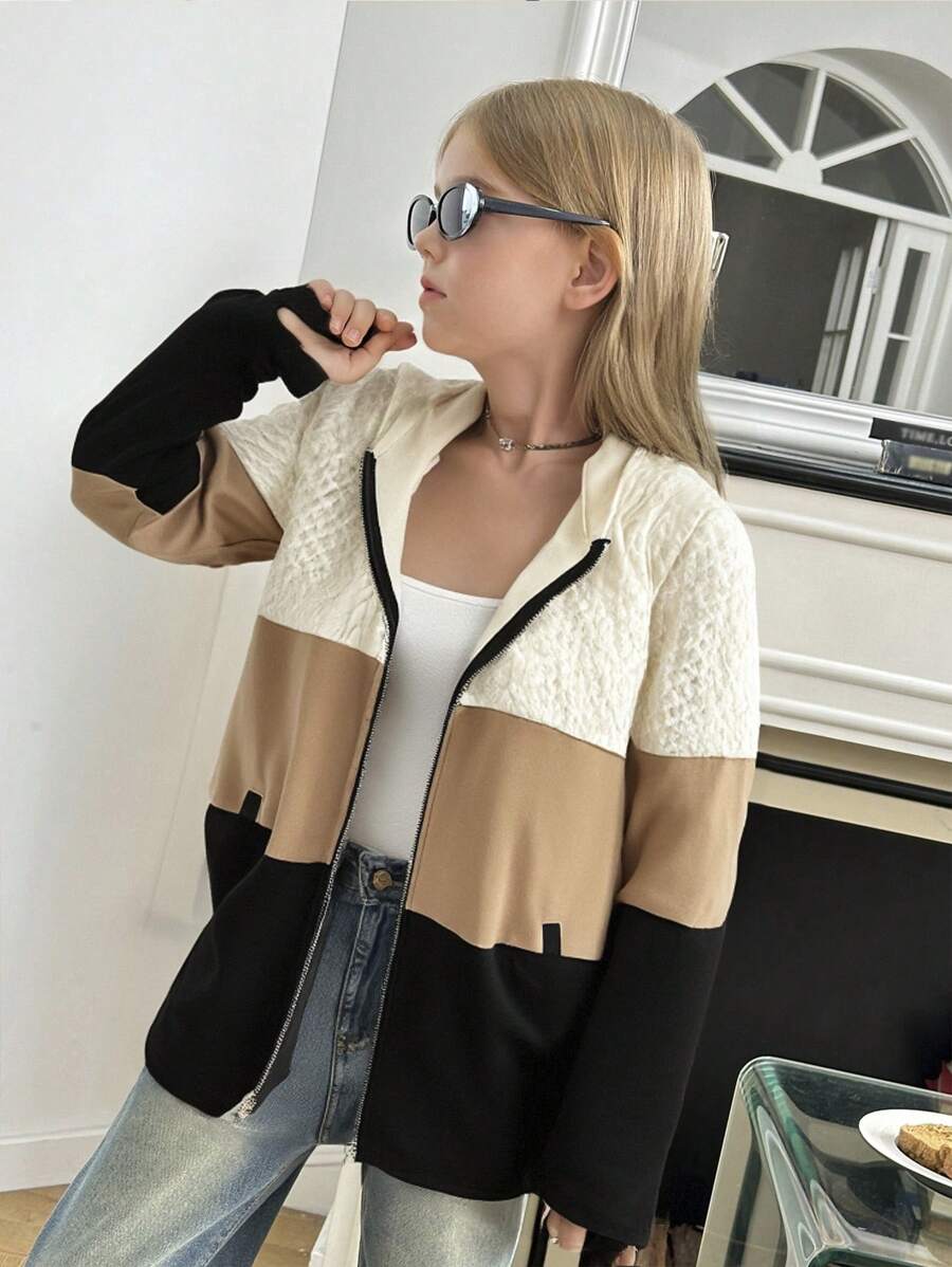 Tween 女童宽松休闲拼色连帽前开式夹克，秋冬 - 彩色 - 查看 1