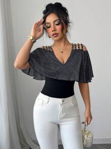 Selianne 女士时尚优雅休闲性感短袖 T 恤，V 领，荷叶边肩带，镂空肩部，串珠细节，黑色针织面料，修身剪裁，有弹性 - 黑色 - 查看 5