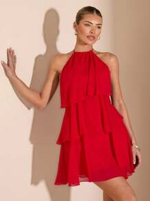 SHEIN BAE 夏季海滩度假纯红色层叠荷叶蛋糕雪纺迷你连衣裙，适合日常约会、夜间外出、夜总会、派对、聚会、鸡尾酒会、泳池派对、返校季节服装、学校季节连衣裙、节日连衣裙、芭蕾舞裙 - 紅色 - 查看 6