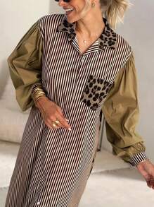 INAWLY Women's Solid Splicing Long Sleeve Pocket Simple Casual Long Dress
