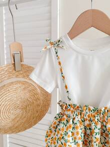 SHEIN Babygirl Cute Ditsy Floral Skirt And Short Sleeve Knit Top 2pcs Set, Summer Vacation - White - View 6