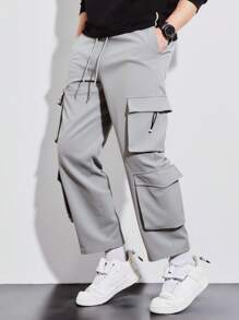 Manfinity Homme Men's Solid Color Drawstring Waist Straight Leg Casual Multi-Pocket Cargo Pants - Grey - View 3