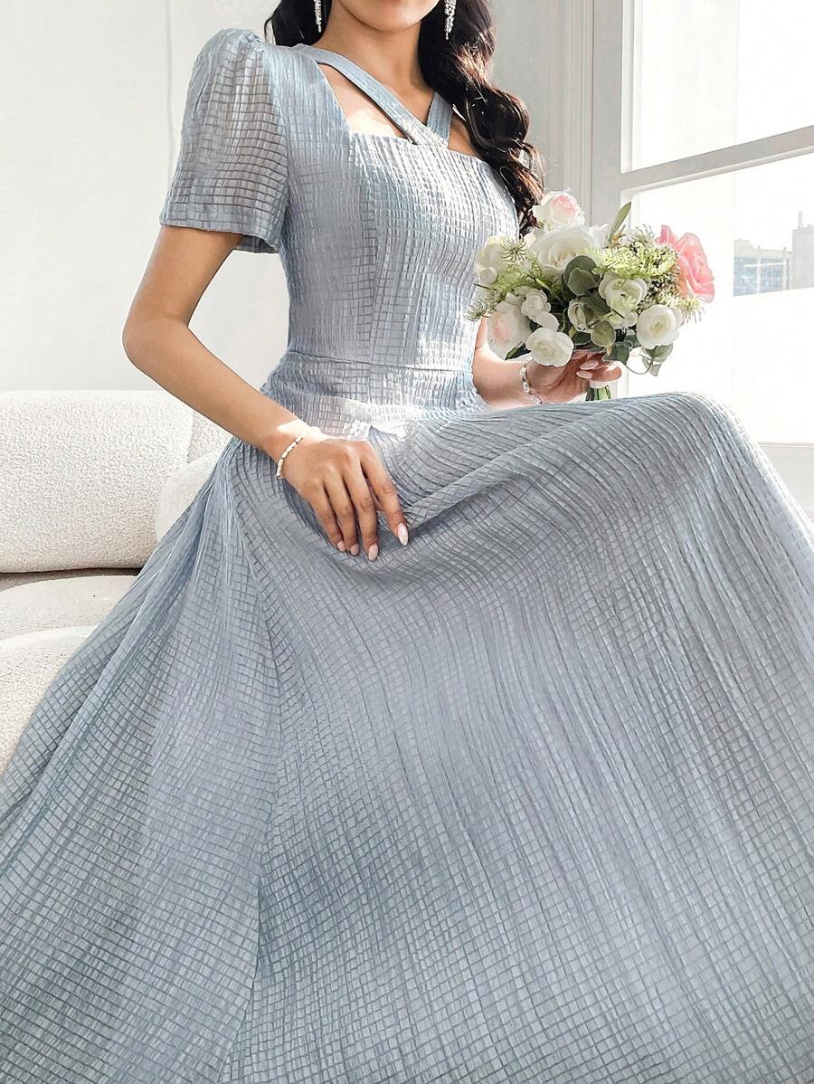 Modelyn 法式方领泡泡袖褶饰女式连衣裙 - 藍色 - 查看 1