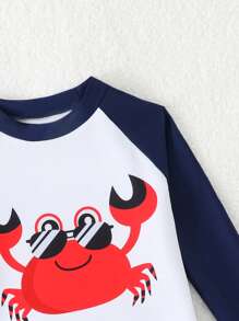 SHEIN 2pcs/Set Baby Boy Swimwear, Cute Cartoon Shark Print Colorblock Long Sleeve Knit Rash Guard And Swim Trunks, Swimsuit Set