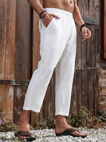 Manfinity RSRT Men's Casual Versatile Solid Color Drawstring Waist Pants Linen Pants For Men White Linen Pants Men Men Linen Bottoms, Fall - White - View 3