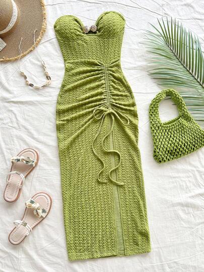 Soleia Vestido Longo Elegante de Férias com Alças Cruzadas, Fenda e Cordão, Primavera/Verão