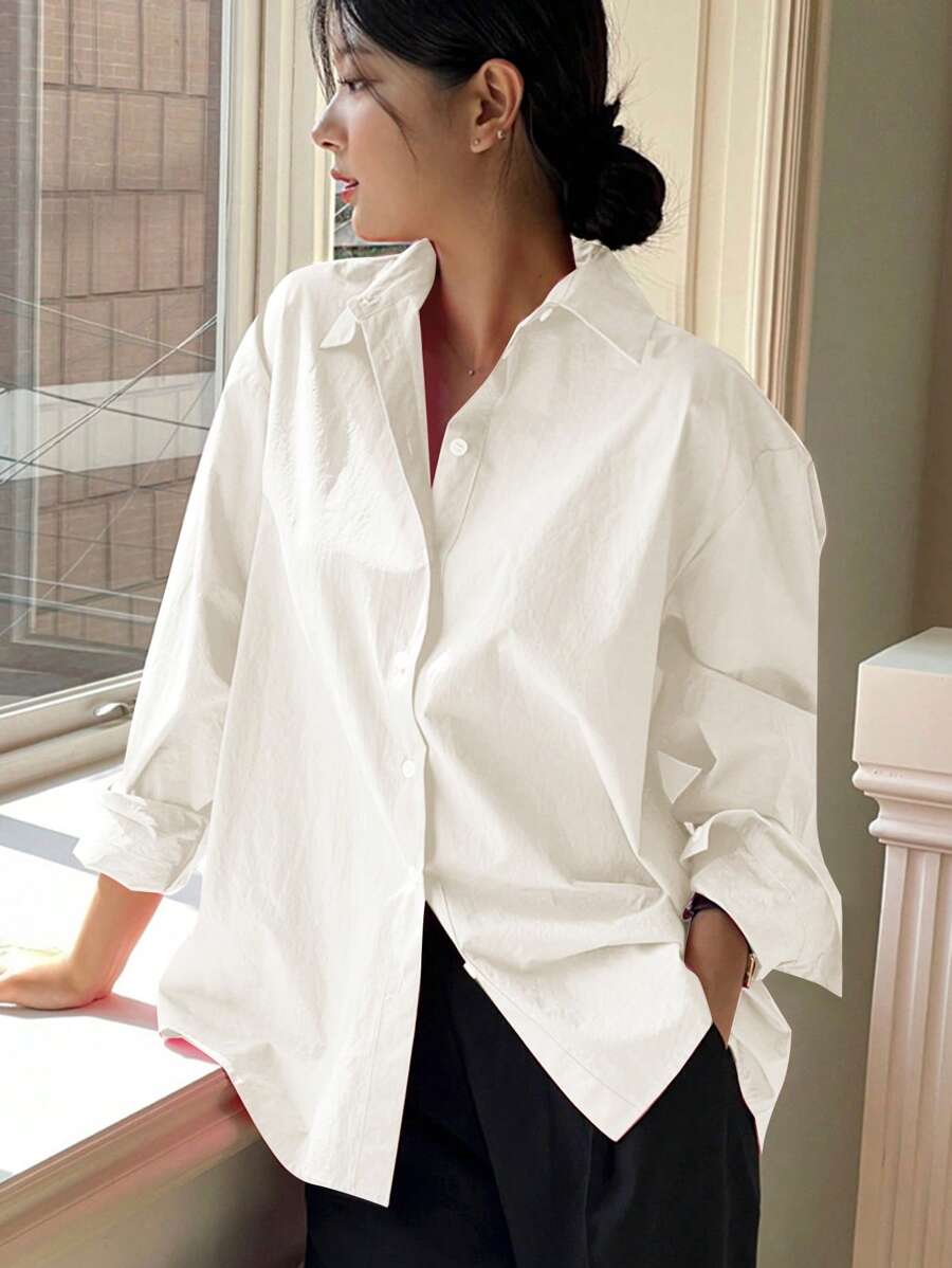 Solid Color Button-Down Shirt, Dropped Shoulders, Long Sleeves - White - View 1