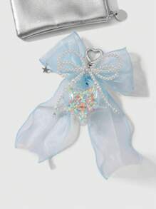 ROMWE Kawaii 1 件优雅简约手工珍珠、粉色/蓝色薄纱蝴蝶结、透明亮片心形星星钥匙扣饰品组合套装，时尚甜美包袋装饰，百搭女士礼物