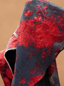 Aveloria Rosie Váy chữ A tay bồng cổ chữ V xếp nếp họa tiết hoa jacquard màu tương phản thanh lịch dành cho nữ - Màu xanh hải quân - Xem 6