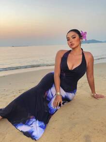 POPSWAY 加大码花卉印花露背连衣裙，适合海滩/度假