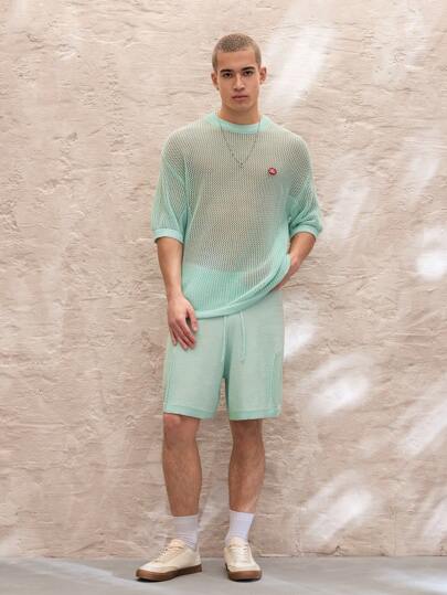 SWAVVY 2pcs Casual Young Men's Knitted Loose Fit Long Sleeve Sweater And Elastic Waist Straight Leg Shorts Set, For Fall Winter