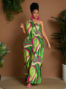 Maweii Plus Size Women Oblique Shoulder Wide Leg Jumpsuit, Casual Holiday Romper - Multicolor - View 6