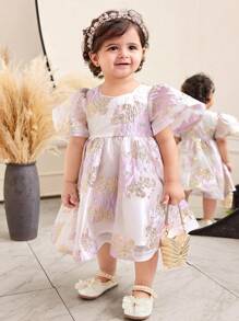 SHEIN Leap Crew Baby Girl Elegant & Floral Print Short Sleeve Summer Dress - Pink - View 4