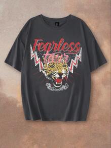 SHEIN EZwear Oversized Casual Tiger Graphic Round Neck Short Sleeve T-Shirt For Women Back To School