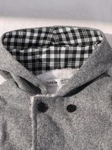 男婴/女婴灰色格子双排扣连帽厚羊毛中长夹克，学院风百搭休闲百搭适合室内外，秋冬