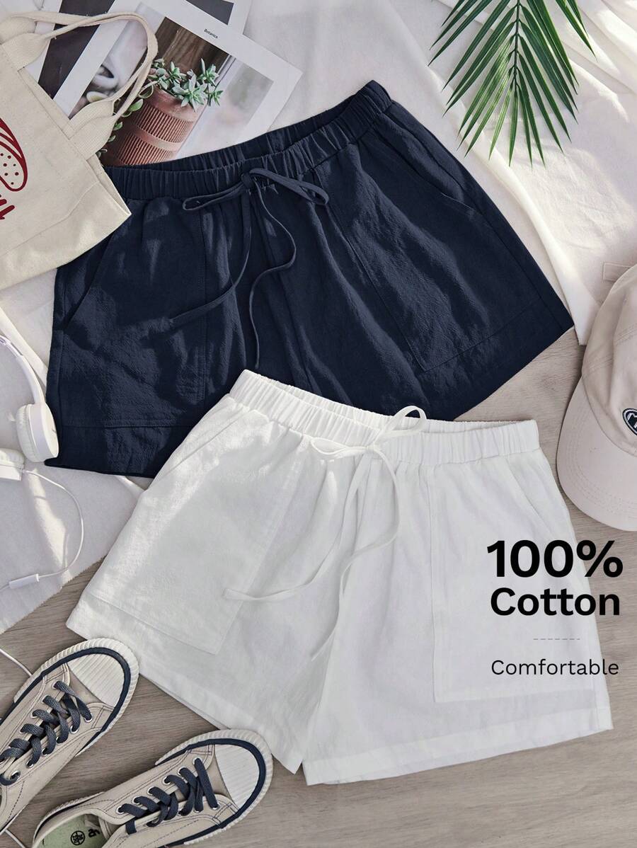 Comfortcana 2pcs/Set Navy Blue & Black Casual Loose Plus Size Shorts