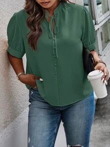 EMERY ROSE Women Plus Size Plain Tie Collar Short Sleeve Loose Elegant Blouse - Dark Green - View 5