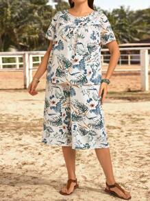 EMERY ROSE Bộ đồ cỡ lớn gồm áo thun cổ tròn tay ngắn dáng rộng và quần lửng 3/4, trang phục mùa hè, đồ đi nghỉ mát cho nữ, phong cách Boho. - Màu xanh hải quân - Xem 5