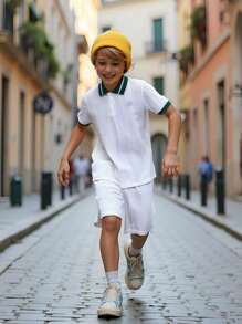 SHEIN Tween Boy Contrast Trim Polo Shirt & Shorts Set, School, Campus, College Summer Holiday - White - View 5