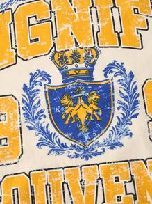 ROMWE MEN Prep Camiseta Masculina com Gola Redonda, Recorte em Tela de Contraste de Cor e Estampa de Letra