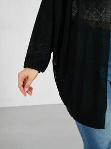 SHEIN Essnce Plus Size Women's Spring And Summer Fashion Casual Loose Comfortable Daily Black All-Match Hollow Sweater Thin Cardigan Sun Protection Jacket,Office Outfits For Women,Church Clothes Women,Summer Tops Women,Beach Outfits For Woman,Summer Coats,Minimalist In Fall/Winter - Black - View 6