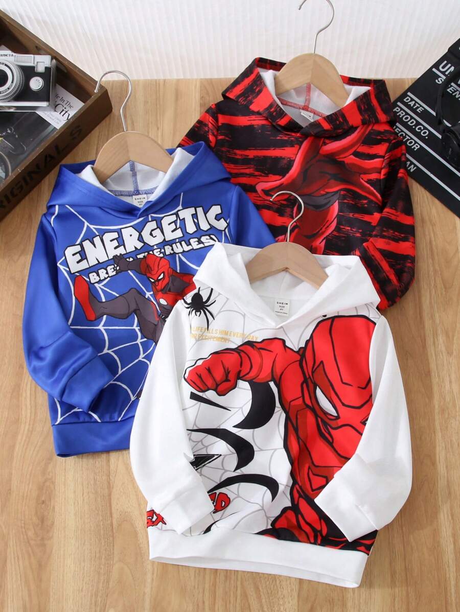 SHEIN Leap Crew 3件套男童休闲印花卫衣套装，多款卡通英雄印花卫衣，适合学校、日常休闲和学院风穿着，也是返校季男童套装，可用于生日派对和开学典礼，秋冬季穿着。 - 彩色 - 查看 1