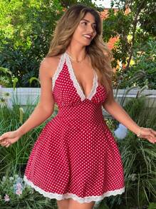 Flirla Đầm hở lưng chấm bi ren thanh lịch cỡ lớn, phong cách nghỉ dưỡng - Đỏ - Xem 2