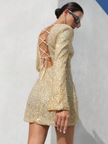 Aveloria Modichic 复古派对优雅垫肩长袖束腰亮片缀饰金色短款连衣裙 - 黃色 - 查看 5