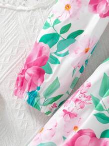 Premium Plus Size Floral Print Puff Sleeve V-Neck Dress, Elegant Vacation Mother's Day Dress, High-End Fashion Design, Suitable For Birthday Party, Holiday, Spring/Autumn, Sophisticate Look, Luxury Mom&Daughter Set - Pink - View 5