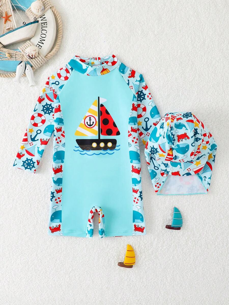 SHEIN Maillot de bain bébé garçon manche longue à imprimé mignon de bateau à voile avec chapeau de soleil, convient pour la plage, le surf, la natation, les voyages et les vacances - Multicolore - Voir 1