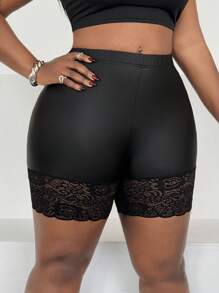 Maweii Leggings casuales y delgados con aplicaciones de encaje en el dobladillo, talla grande - Negro - Ver 1