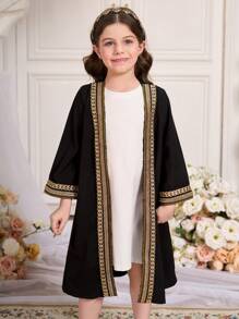 SHEIN Young Girl Spliced Ribbon Long Sleeve Open Placket Loose Shirt - Black - View 1