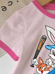 SHEIN Cute Cartoon Rabbit Pattern Baby Girl Casual Minimalist Short Sleeve Round Neck Tee, Suitable For Summer - Multicolor - View 5