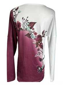 Casual Color Block & Floral Print Long Sleeve Blouse, Spring/Autumn - Multicolor - View 2