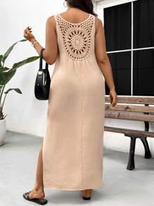 SHEIN Frenchy Váy xẻ tà ren cổ chữ V không tay cỡ lớn, thường ngày & đi nghỉ - Màu be - Xem 4
